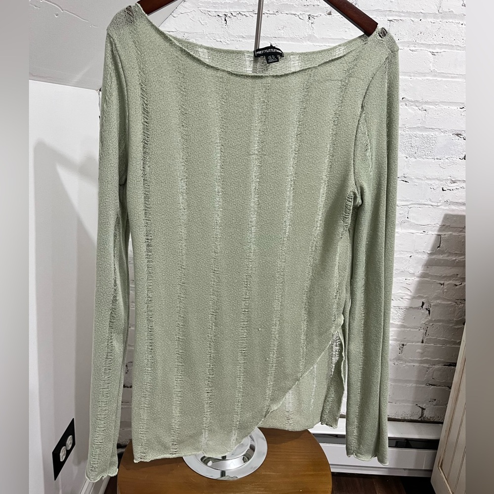 PrettyLittleThing Sage Green Asymmetrical Top Lightweight Sheer Sweater Large